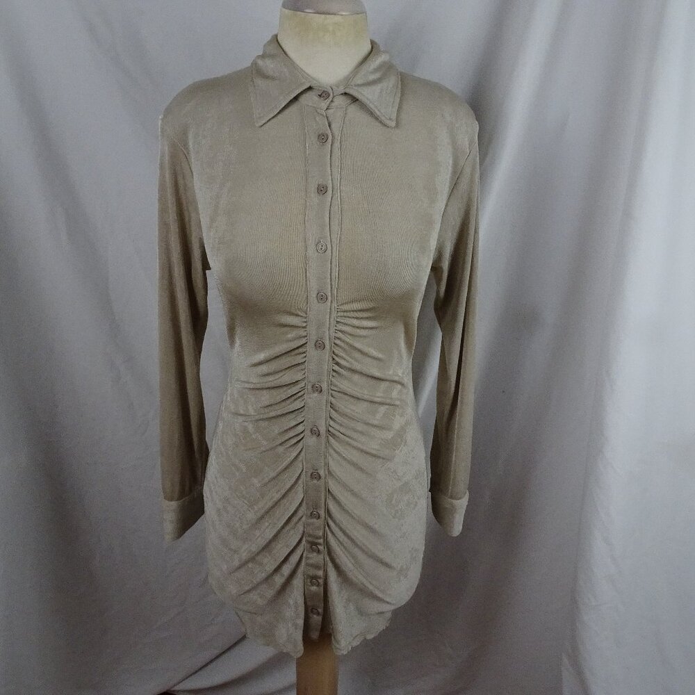 Mable Women Front Ruched Button Down Skinny Mini Shirt Dress Size L